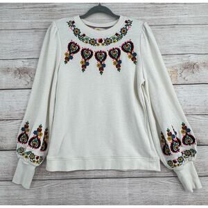 Boden Floral Embroidered Crewneck Sweatshirt Womens 10 White Multicolor